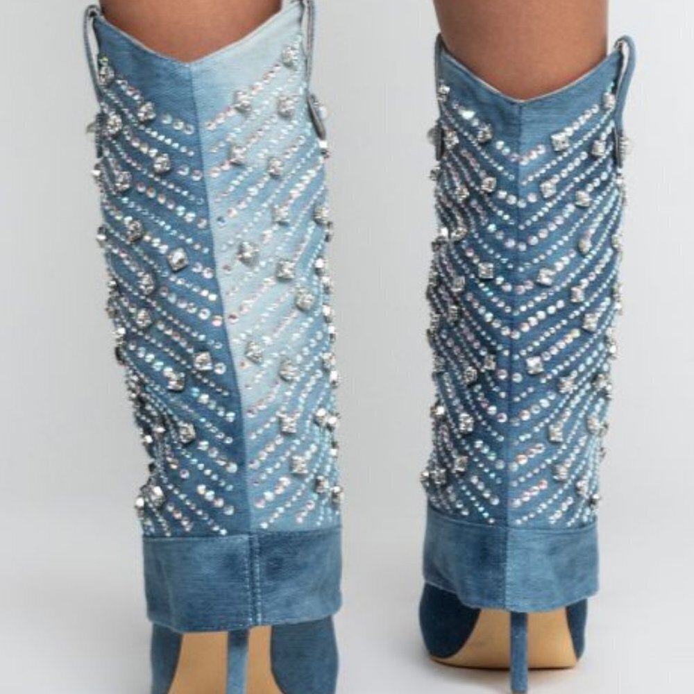 AZALEA WANG PLAYING TO WIN RHINESTONE STUDDED DENIM STILETTO BOOTIE ( BRAND NEW - Picture 6 of 13
